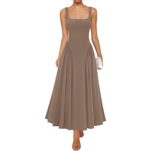 imageZESICA Womens 2025 Summer Sleeveless Square Neck Sundress Casual Long Flowy A Line Beach Vacation Maxi DressesKhaki