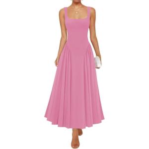 imageZESICA Womens 2025 Summer Sleeveless Square Neck Sundress Casual Long Flowy A Line Beach Vacation Maxi DressesPink