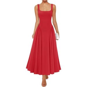 imageZESICA Womens 2025 Summer Sleeveless Square Neck Sundress Casual Long Flowy A Line Beach Vacation Maxi DressesRed