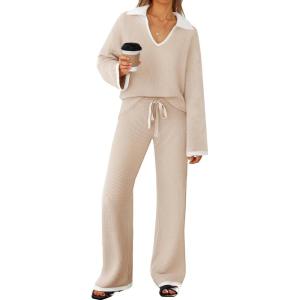 imageZESICA Womens Two Piece Sweater Lounge Sets Fall Winter Oversized Knit Pullover Wide Leg Pants OutfitsApricot