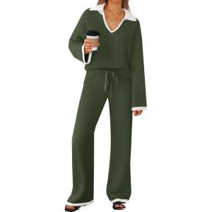 imageZESICA Womens Two Piece Sweater Lounge Sets Fall Winter Oversized Knit Pullover Wide Leg Pants OutfitsArmygreen
