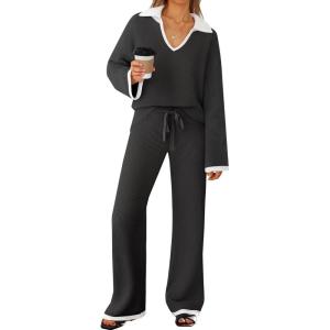 imageZESICA Womens Two Piece Sweater Lounge Sets Fall Winter Oversized Knit Pullover Wide Leg Pants OutfitsBlack