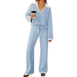 imageZESICA Womens Two Piece Sweater Lounge Sets Fall Winter Oversized Knit Pullover Wide Leg Pants OutfitsDustyblue