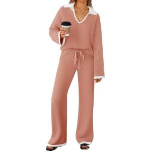 imageZESICA Womens Two Piece Sweater Lounge Sets Fall Winter Oversized Knit Pullover Wide Leg Pants OutfitsGrapefruit