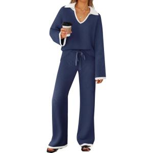 imageZESICA Womens Two Piece Sweater Lounge Sets Fall Winter Oversized Knit Pullover Wide Leg Pants OutfitsNavy