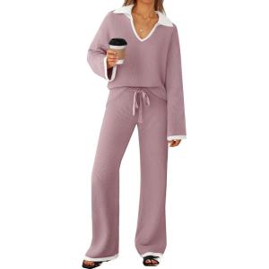imageZESICA Womens Two Piece Sweater Lounge Sets Fall Winter Oversized Knit Pullover Wide Leg Pants OutfitsPurple