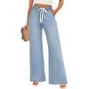 imageZESICA Womens Drawstring High Waist Jeans Loose Fit Wide Leg Straight Baggy Trendy Denim Pants with PocketsLightblue