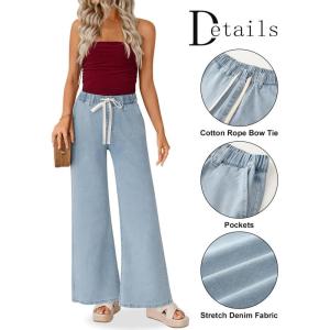 imageZESICA Womens Drawstring High Waist Jeans Loose Fit Wide Leg Straight Baggy Trendy Denim Pants with PocketsLightblue