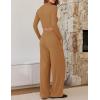 imageZESICA Womens 2 Piece Outfits Set 2024 Casual Long Sleeve Ruched Fitted Crop Top Wide Leg Pants Knit Lounge SetsBrown