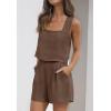 imageZESICA Womens 2024 2 Piece Set Linen Tank Crop Tops and Shorts Summer Two Piece Outfits PajamasBrown