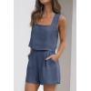 imageZESICA Womens 2024 2 Piece Set Linen Tank Crop Tops and Shorts Summer Two Piece Outfits PajamasDustyblue