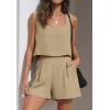 imageZESICA Womens 2024 2 Piece Set Linen Tank Crop Tops and Shorts Summer Two Piece Outfits PajamasKhaki