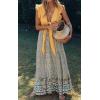 imageZESICA Womens 2024 Summer Bohemian Floral Printed Elastic Waist A Line Maxi Skirt with PocketsCream