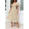 imageZESICA Womens 2025 Bohemian Summer Plaid Square Neck Puff Sleeve Ruffle Flowy Beach Midi DressBeige