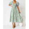 imageZESICA Womens 2025 Bohemian Summer Plaid Square Neck Puff Sleeve Ruffle Flowy Beach Midi DressGreen