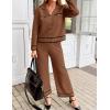 imageZESICA Womens Fall Knit Two Piece Outfits Casual Long Sleeve V Neck Sweater Shirts and Wide Leg Pants Matching Lounge SetsBrown