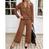 imageZESICA Womens Fall Knit Two Piece Outfits Casual Long Sleeve V Neck Sweater Shirts and Wide Leg Pants Matching Lounge SetsBrown