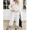 imageZESICA Womens Fall Knit Two Piece Outfits Casual Long Sleeve V Neck Sweater Shirts and Wide Leg Pants Matching Lounge SetsIvory