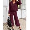 imageZESICA Womens Fall Knit Two Piece Outfits Casual Long Sleeve V Neck Sweater Shirts and Wide Leg Pants Matching Lounge SetsWine