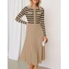 imageZESICA Womens Long Sleeve Striped Midi Dresses Crewneck Button Ribbed Knit Pleated A Line Swing Sweater DressKhaki