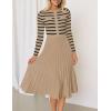 imageZESICA Womens Long Sleeve Striped Midi Dresses Crewneck Button Ribbed Knit Pleated A Line Swing Sweater DressKhaki