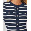 imageZESICA Womens Long Sleeve Striped Midi Dresses Crewneck Button Ribbed Knit Pleated A Line Swing Sweater DressNavy