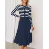 imageZESICA Womens Long Sleeve Striped Midi Dresses Crewneck Button Ribbed Knit Pleated A Line Swing Sweater DressNavy