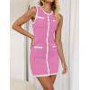 imageZESICA Womens Summer Sleeveless Mini Dress Crewneck Button Knit Color Block Bodycon Party Short Dresses with PocketsPink