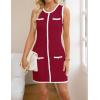 imageZESICA Womens Summer Sleeveless Mini Dress Crewneck Button Knit Color Block Bodycon Party Short Dresses with PocketsRed