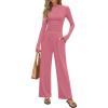 imageZESICA Womens 2 Piece Outfits Set 2024 Casual Long Sleeve Ruched Fitted Crop Top Wide Leg Pants Knit Lounge SetsPink