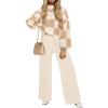 imageZESICA Womens 2 Piece Outfits Sweater Set Long Sleeve Mock Neck Knit Pullover and Wide Leg Pants Lounge Sweatsuit SetsKhakiplaid