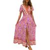 imageZESICA Womens 2024 Bohemian Floral Printed Wrap V Neck Short Sleeve Split Beach Party Maxi DressPinkpurple