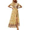 imageZESICA Womens 2024 Bohemian Floral Printed Wrap V Neck Short Sleeve Split Beach Party Maxi DressYellow