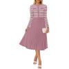 imageZESICA Womens Long Sleeve Striped Midi Dresses Crewneck Button Ribbed Knit Pleated A Line Swing Sweater DressPurple
