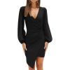imageZESICA Womens Wrap V Neck Bodycon Mini Dress Puff Long Sleeve Ruched Asymmetrical Hem Cocktail Party Short DressesBlack