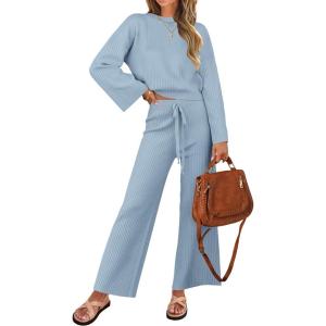 imageZESICA Womens 2 Piece Outfits Set 2024 Casual Long Sleeve Knit Pullover Top and Wide Leg Pants Sweatsuit Lounge SetsBlue