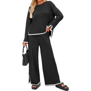 imageZESICA Womens 2 Piece Outfits Set 2024 Casual Long Sleeve Knit Pullover Top and Wide Leg Pants Sweatsuit Lounge SetsCarbon