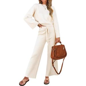 imageZESICA Womens 2 Piece Outfits Set 2024 Casual Long Sleeve Knit Pullover Top and Wide Leg Pants Sweatsuit Lounge SetsCream