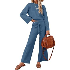 imageZESICA Womens 2 Piece Outfits Set 2024 Casual Long Sleeve Knit Pullover Top and Wide Leg Pants Sweatsuit Lounge SetsDarkblue