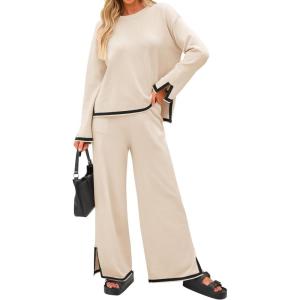 imageZESICA Womens 2 Piece Outfits Set 2024 Casual Long Sleeve Knit Pullover Top and Wide Leg Pants Sweatsuit Lounge SetsNatural