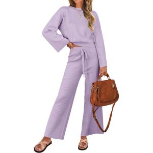imageZESICA Womens 2 Piece Outfits Set 2024 Casual Long Sleeve Knit Pullover Top and Wide Leg Pants Sweatsuit Lounge SetsPurple