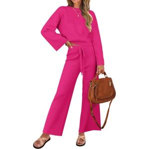 imageZESICA Womens 2 Piece Outfits Set 2024 Casual Long Sleeve Knit Pullover Top and Wide Leg Pants Sweatsuit Lounge SetsRose