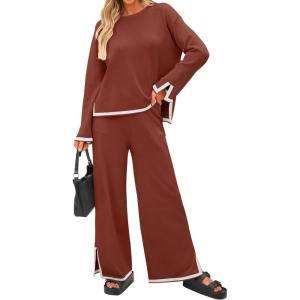 imageZESICA Womens 2 Piece Outfits Set 2024 Casual Long Sleeve Knit Pullover Top and Wide Leg Pants Sweatsuit Lounge SetsRust