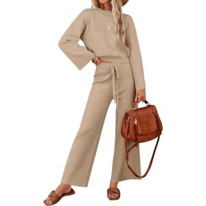 imageZESICA Womens 2 Piece Outfits Set 2024 Casual Long Sleeve Knit Pullover Top and Wide Leg Pants Sweatsuit Lounge SetsSand