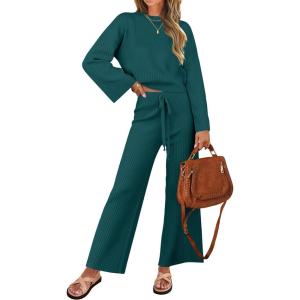 imageZESICA Womens 2 Piece Outfits Set 2024 Casual Long Sleeve Knit Pullover Top and Wide Leg Pants Sweatsuit Lounge SetsTeal