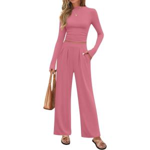 imageZESICA Womens 2 Piece Outfits Set 2024 Casual Long Sleeve Ruched Fitted Crop Top Wide Leg Pants Knit Lounge SetsPink