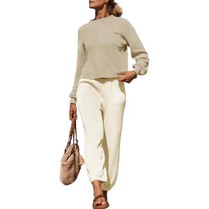 imageZESICA Womens 2 Piece Outfits Sweater Set Long Sleeve Mock Neck Knit Pullover Top High Waist Pant Tracksuit Lounge SetsBeige