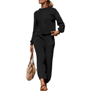 imageZESICA Womens 2 Piece Outfits Sweater Set Long Sleeve Mock Neck Knit Pullover Top High Waist Pant Tracksuit Lounge SetsBlack