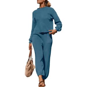imageZESICA Womens 2 Piece Outfits Sweater Set Long Sleeve Mock Neck Knit Pullover Top High Waist Pant Tracksuit Lounge SetsBlue