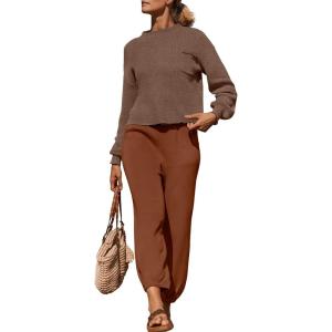 imageZESICA Womens 2 Piece Outfits Sweater Set Long Sleeve Mock Neck Knit Pullover Top High Waist Pant Tracksuit Lounge SetsCaramel